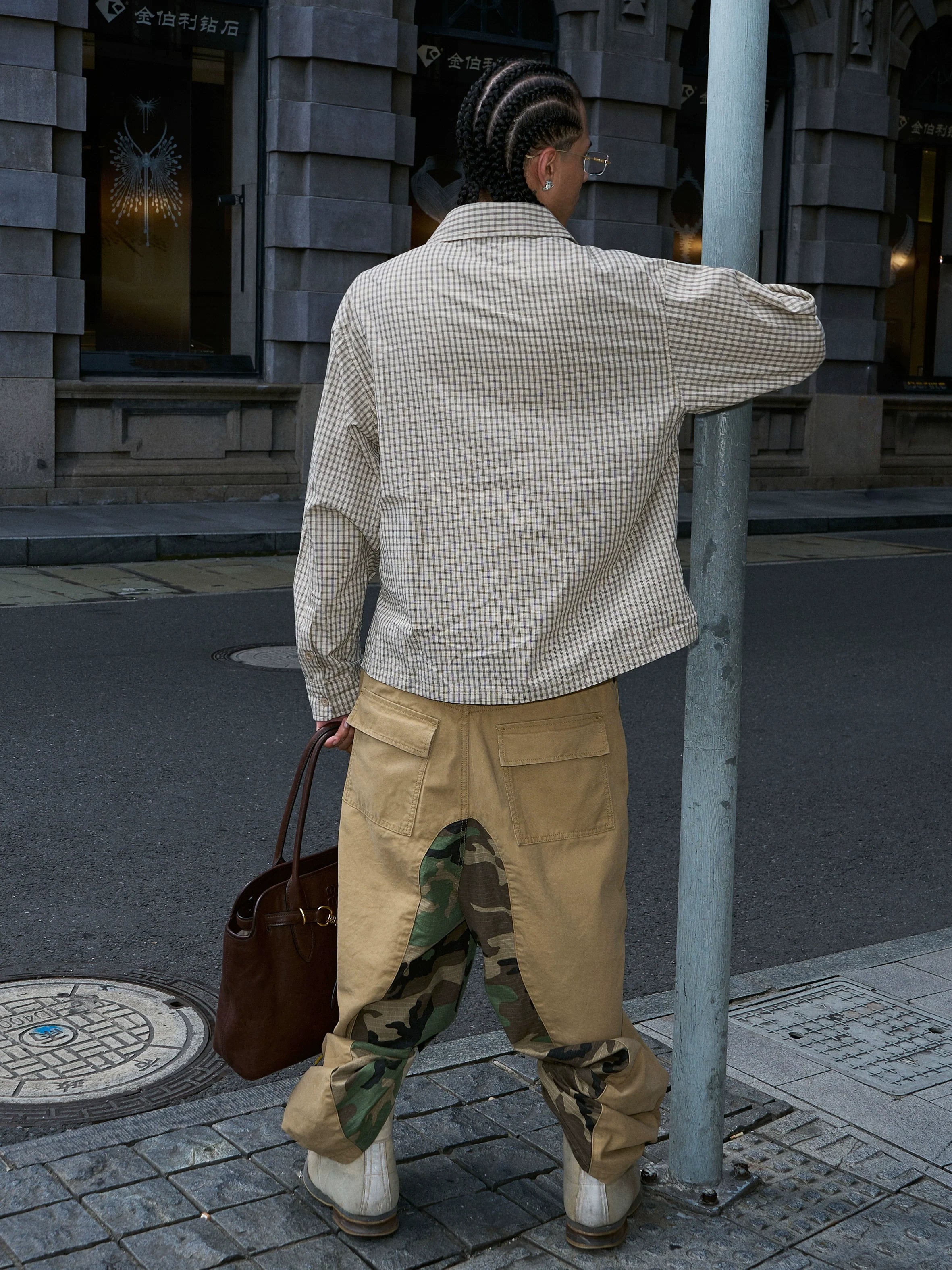 STEEPC Plaid Patch Embroidered Long Sleeve Shirt