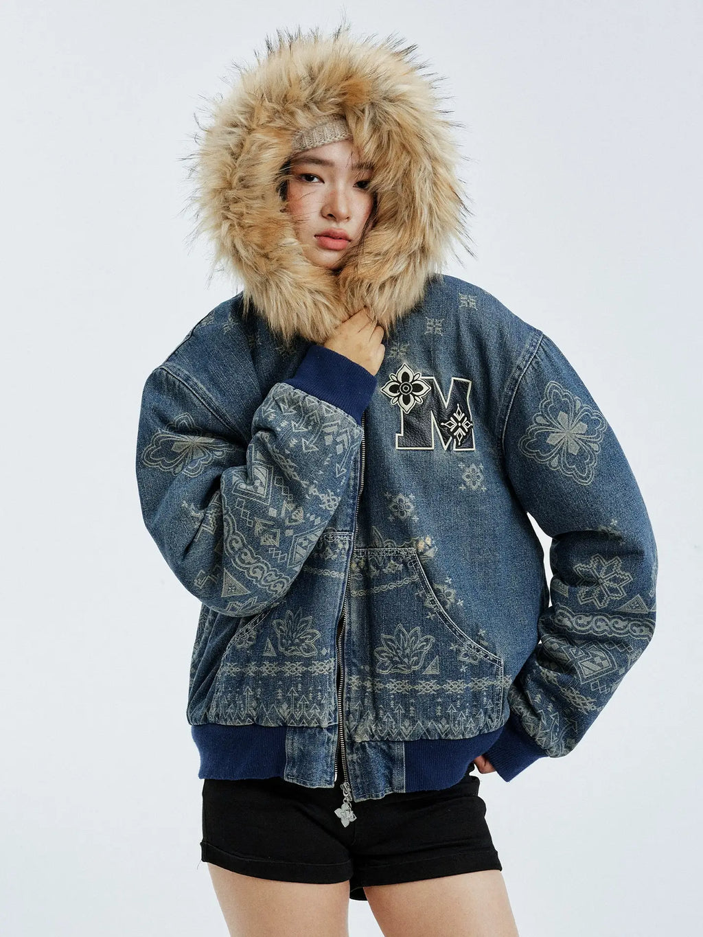 MEDM Ethnic Paisley Denim Hooded Jacket