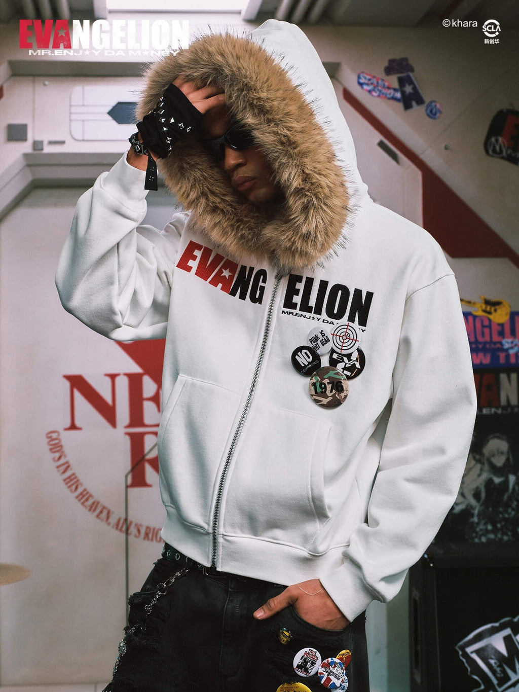 MEDM x EVA NEVER END Character Print Logo Embroidered Fur Hood Zip Up Hoodie