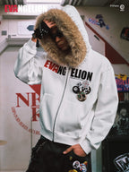 MEDM x EVA NEVER END Character Print Logo Embroidered Fur Hood Zip Up Hoodie