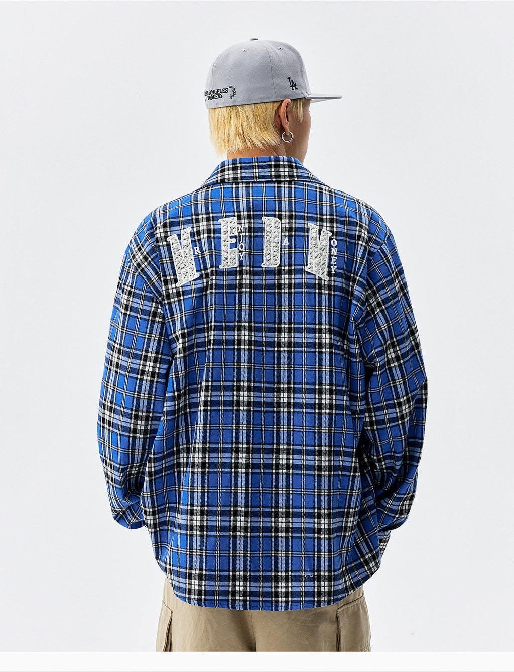 MEDM Blue Pearl Embroidery Plaid Long Sleeve Shirt