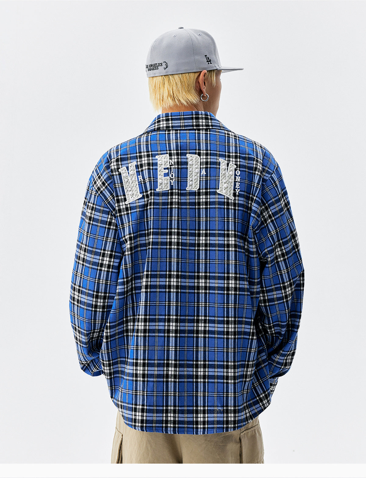 MEDM Blue Pearl Embroidery Plaid Long Sleeve Shirt
