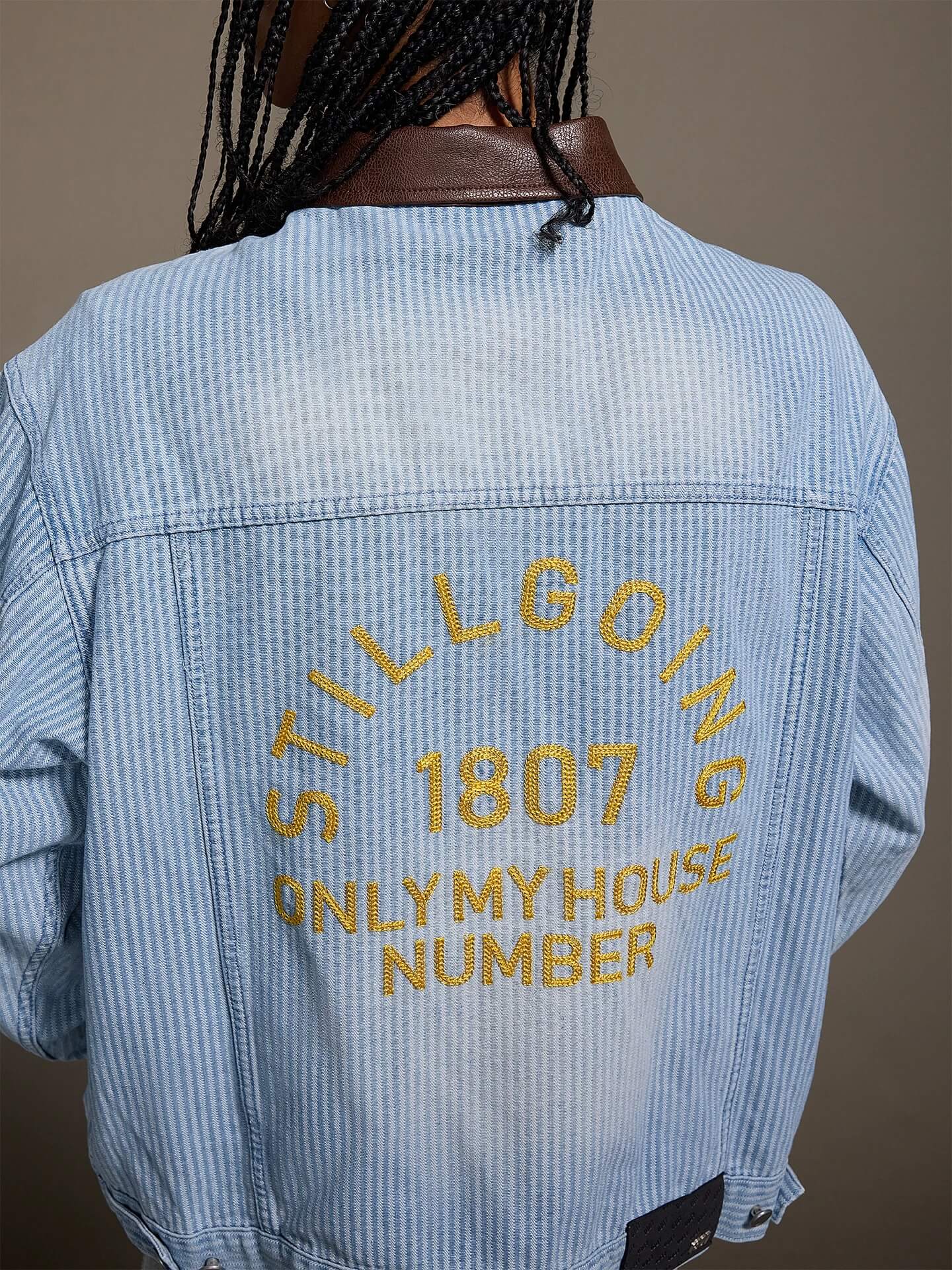 1807 Chain Stitch Embroidered Striped Washed Denim Jacket
