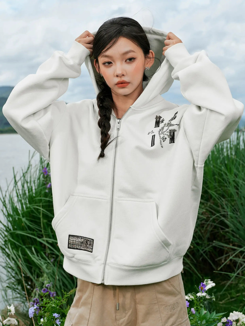MEDM Beaded Flower Embellished Zip Up Hoodie