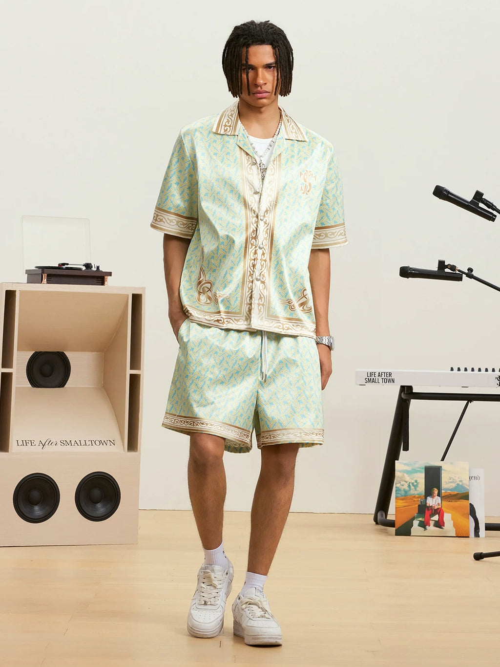 Small Town Kid 3D Digital Print Satin Cuban Shirt Set