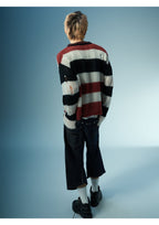 EVILKNIGHT(EK) Striped Colorblocking Distressed V-Neck Knit Sweater