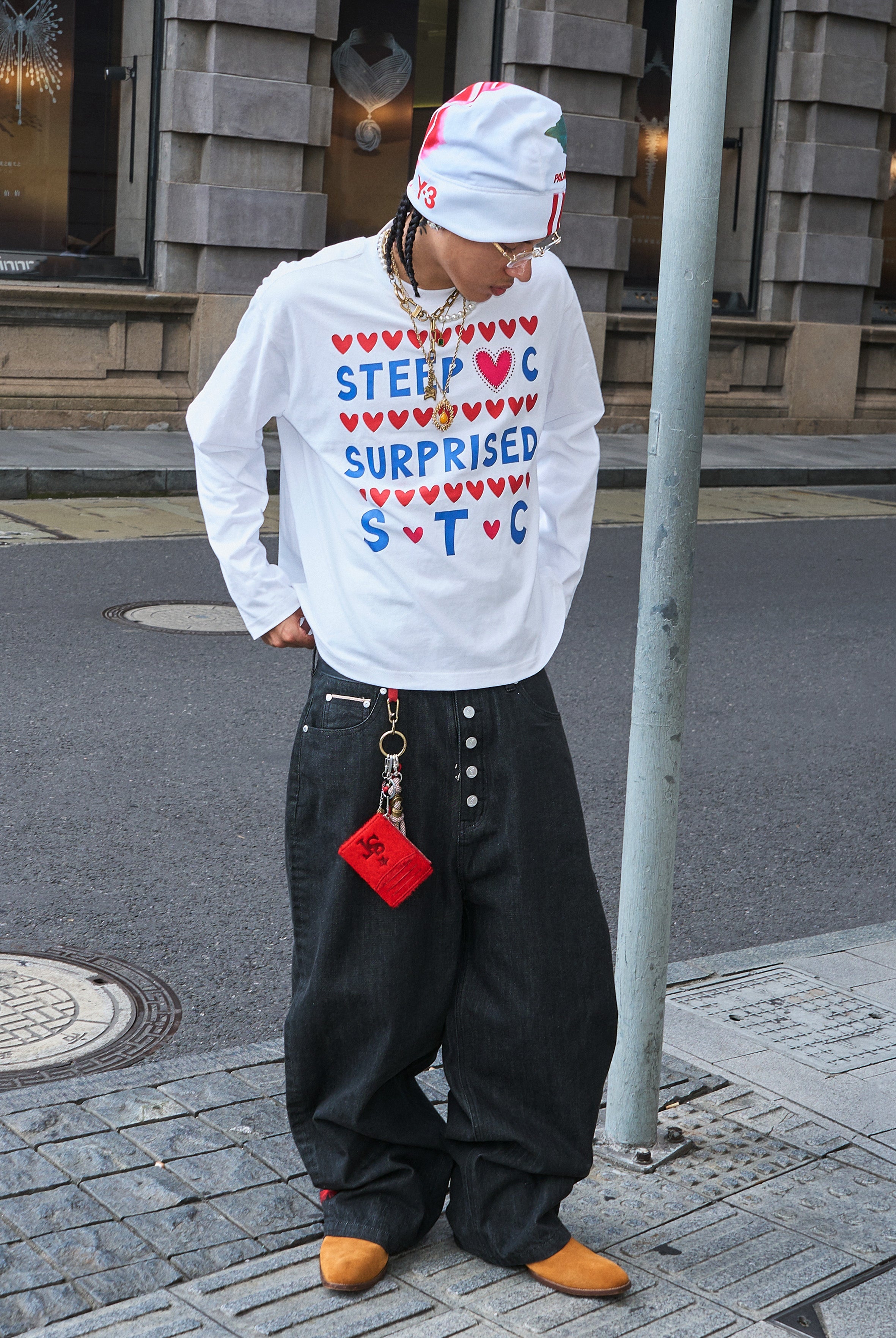STEEPC Hand Stitched Heart Print Long Sleeve Tee