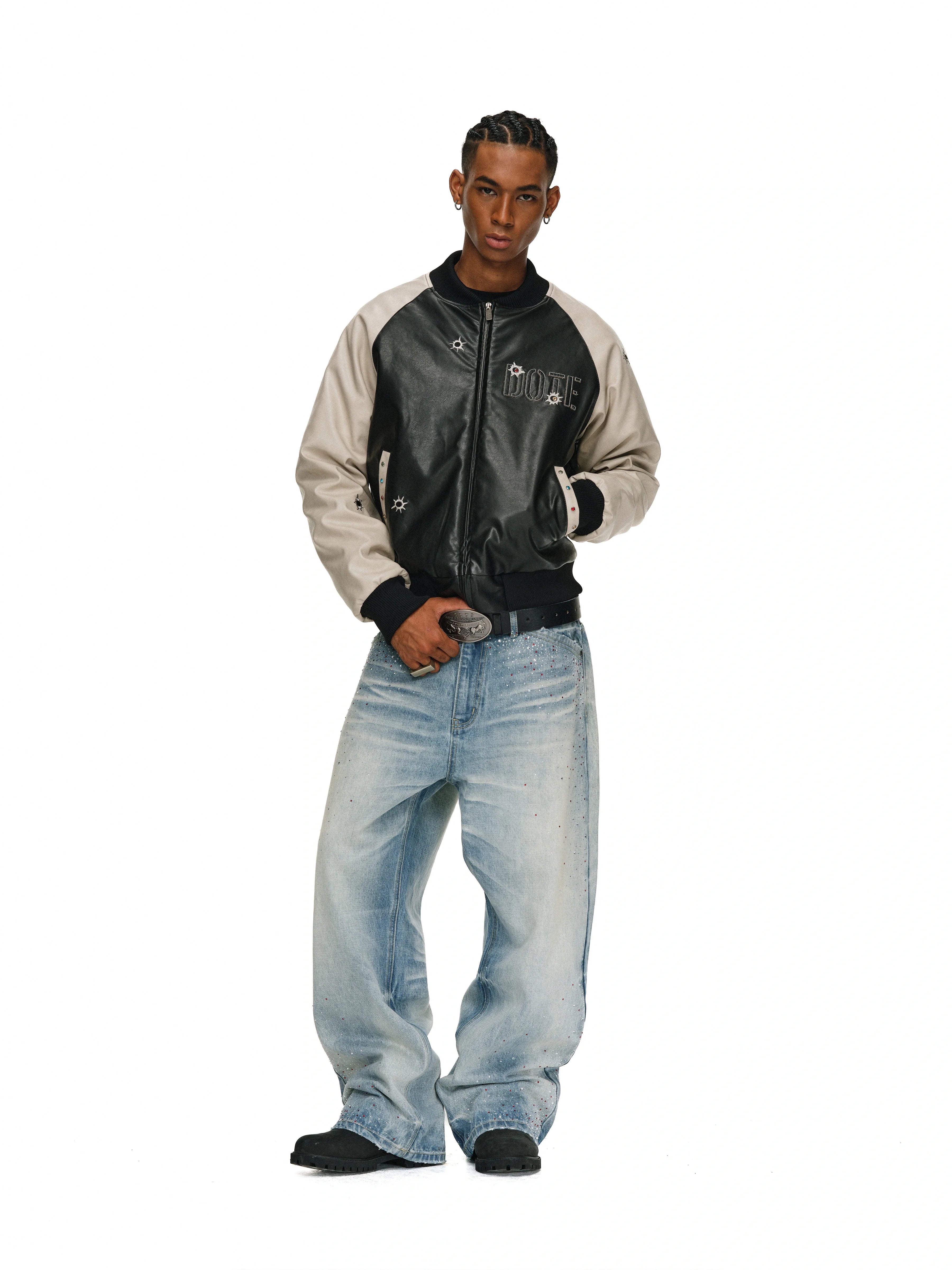 ANTIDOTE Bullseye Color Diamond Studded Leather Baseball Jacket