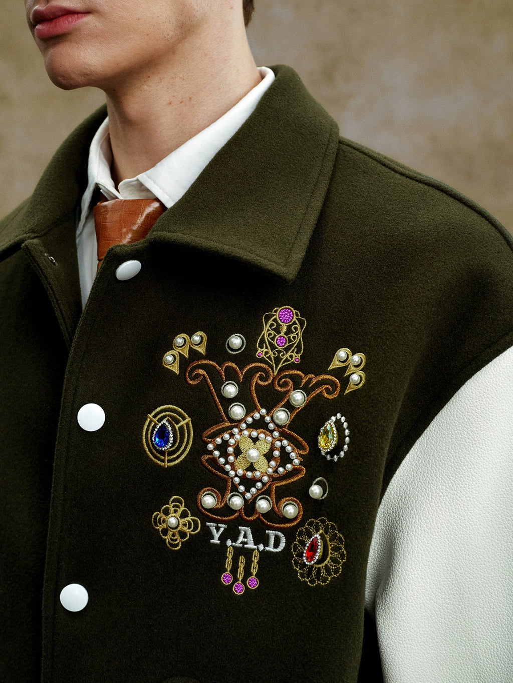 YADcrew Colorful Gemstone Cross Varsity Jacket
