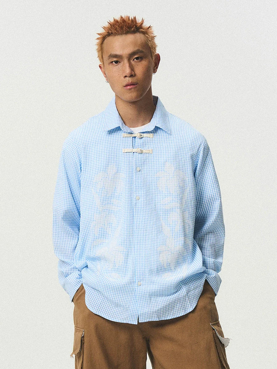 EMPTY REFERENCE Printed Blue Plaid Long Sleeve Shirt
