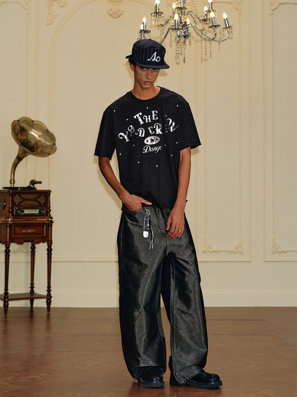 YADcrew Silver Logo Print All Over Rhinestone Tee