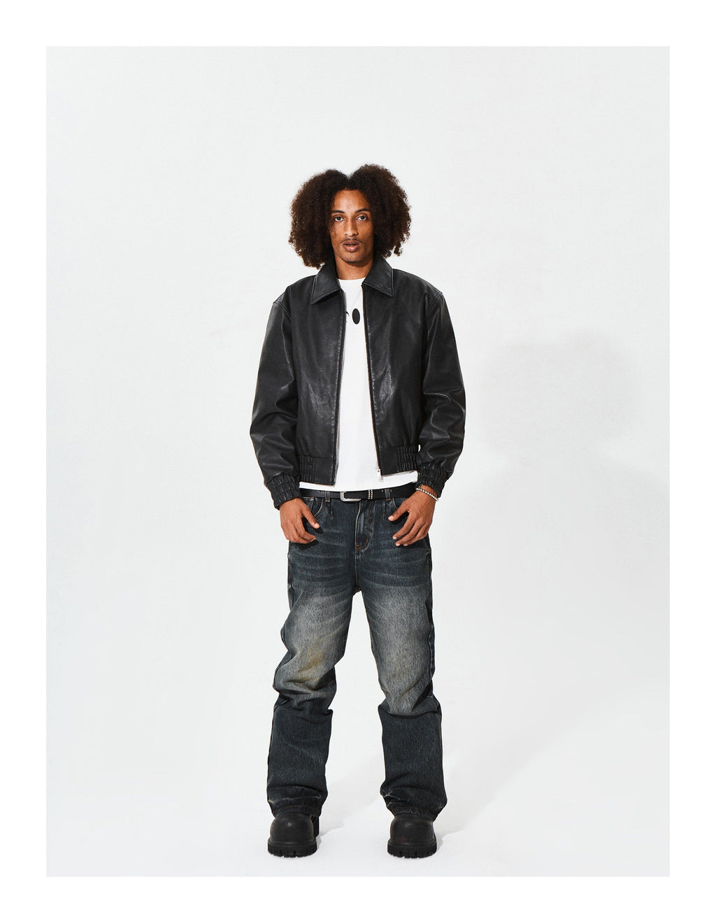 KARMANISTIC Graphic Embroidered Leather Short Bomber Jacket