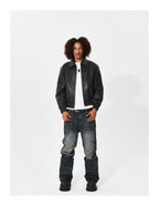 KARMANISTIC Graphic Embroidered Leather Short Bomber Jacket
