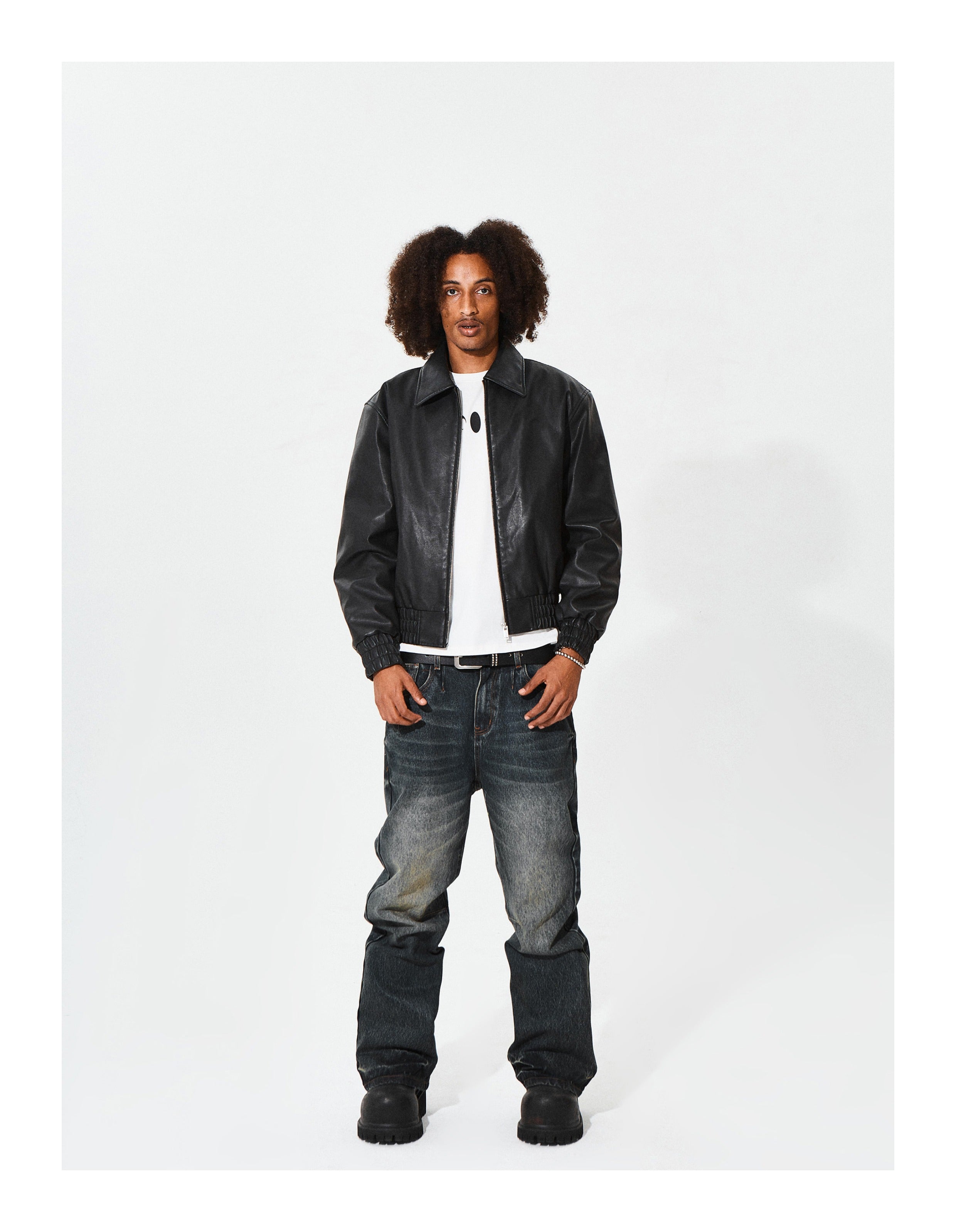 KARMANISTIC Graphic Embroidered Leather Short Bomber Jacket