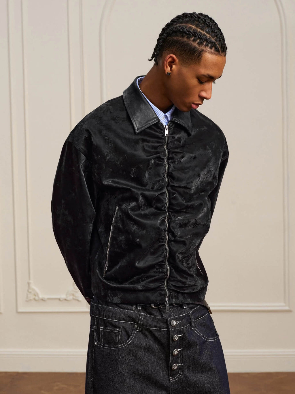 YADcrew Pleated Front Velvet PU Leather Jacket