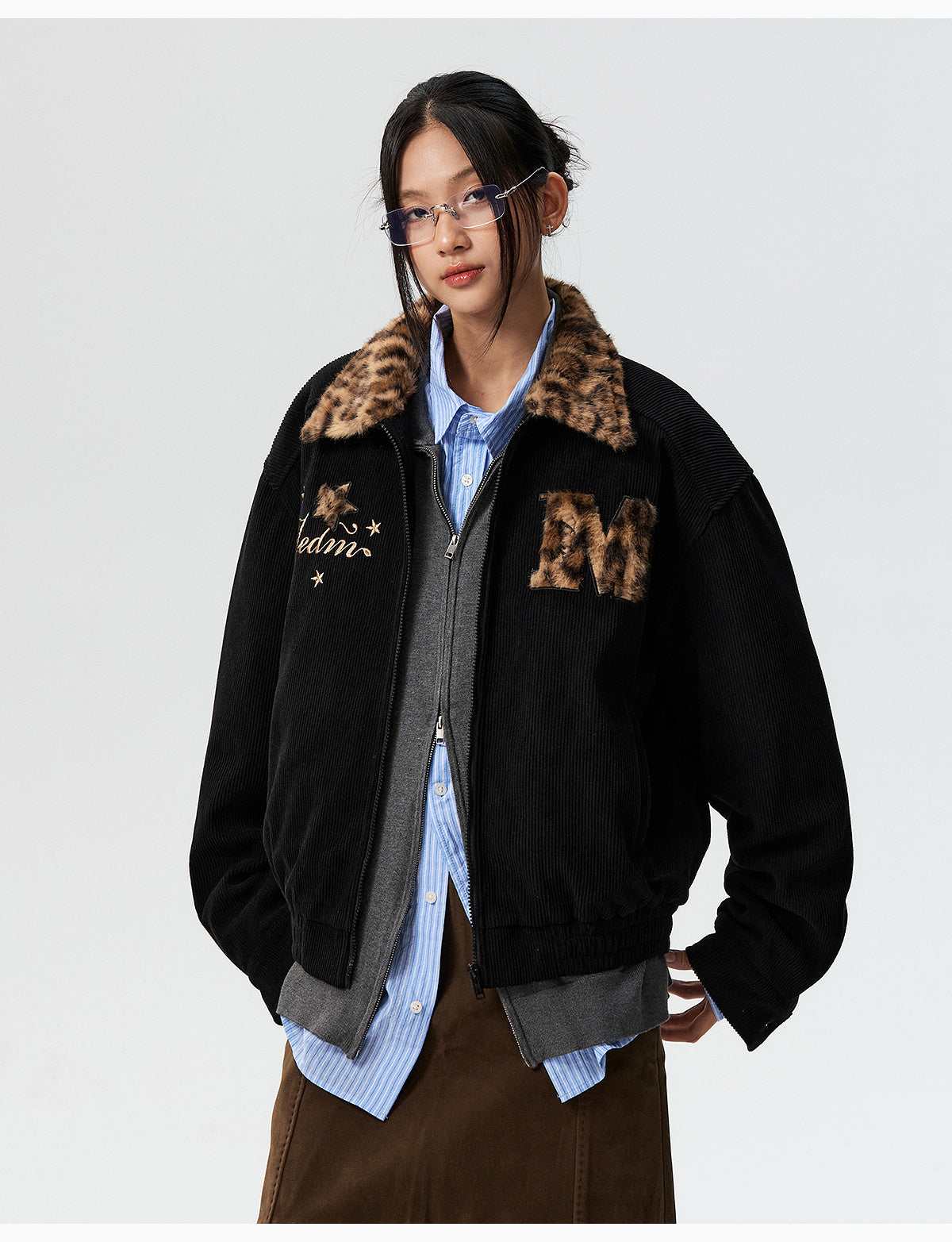 MEDM Leopard Fur Collar Corduroy Jacket