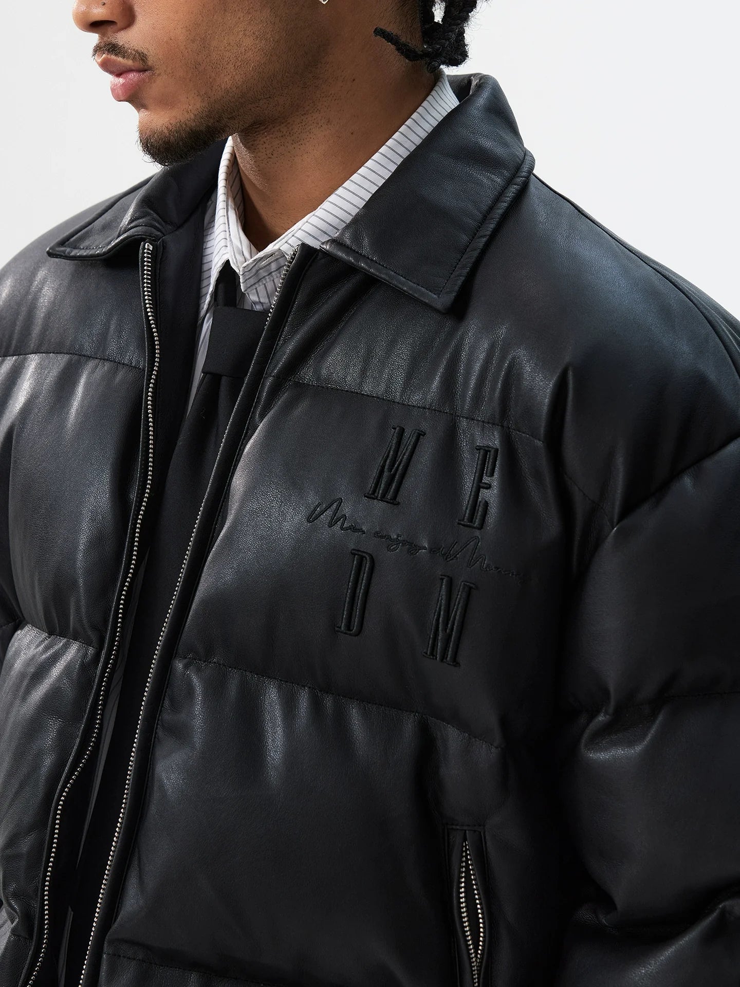 MEDM PU Leather 3D Embroidered Puffer Jacket