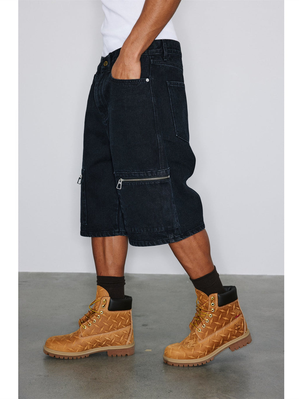 NOVACAM Washed Denim Zip Pocket Work Baggy Shorts