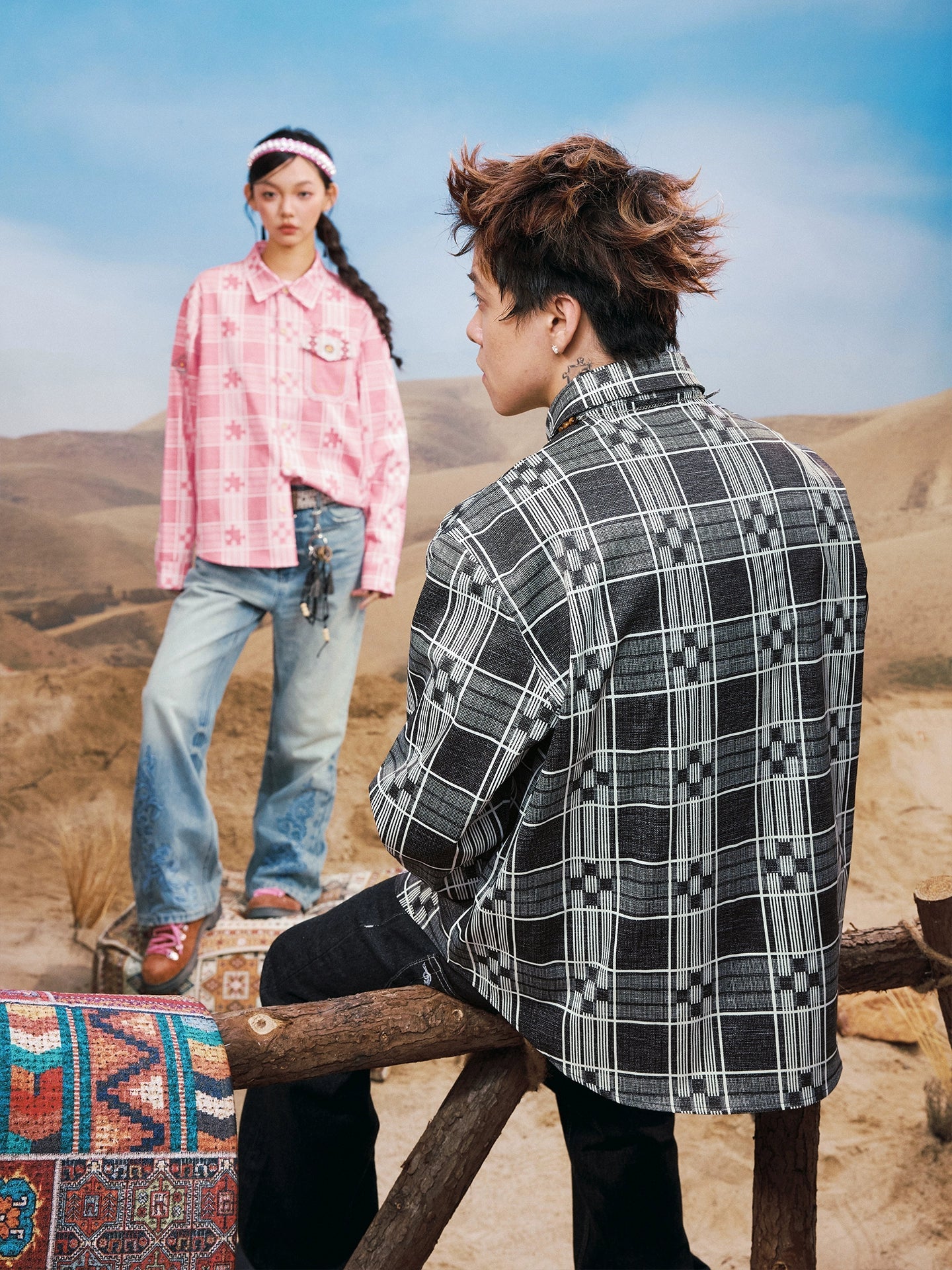 YADcrew Ethnic Pattern Plaid Long Sleeve Shirt