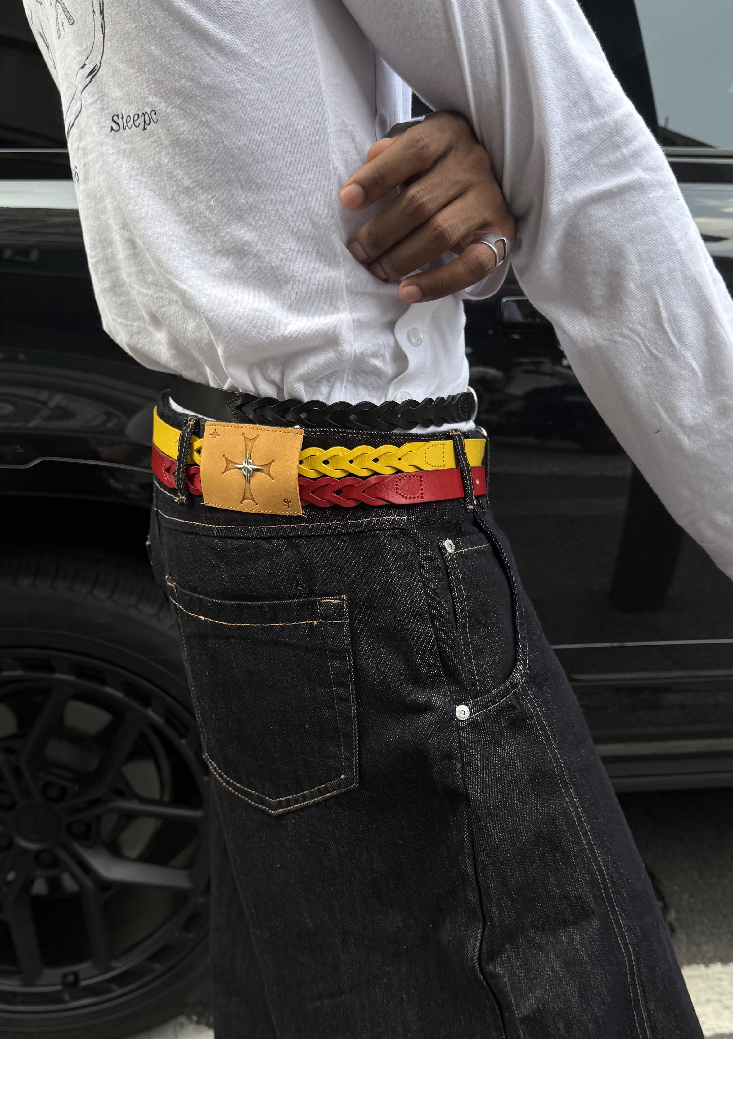 STEEPC Leather Braided Metal Buckle Belt