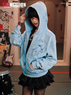 MEDM x EVA NEVER END Character Print Distressed Washed Zip Up Hoodie