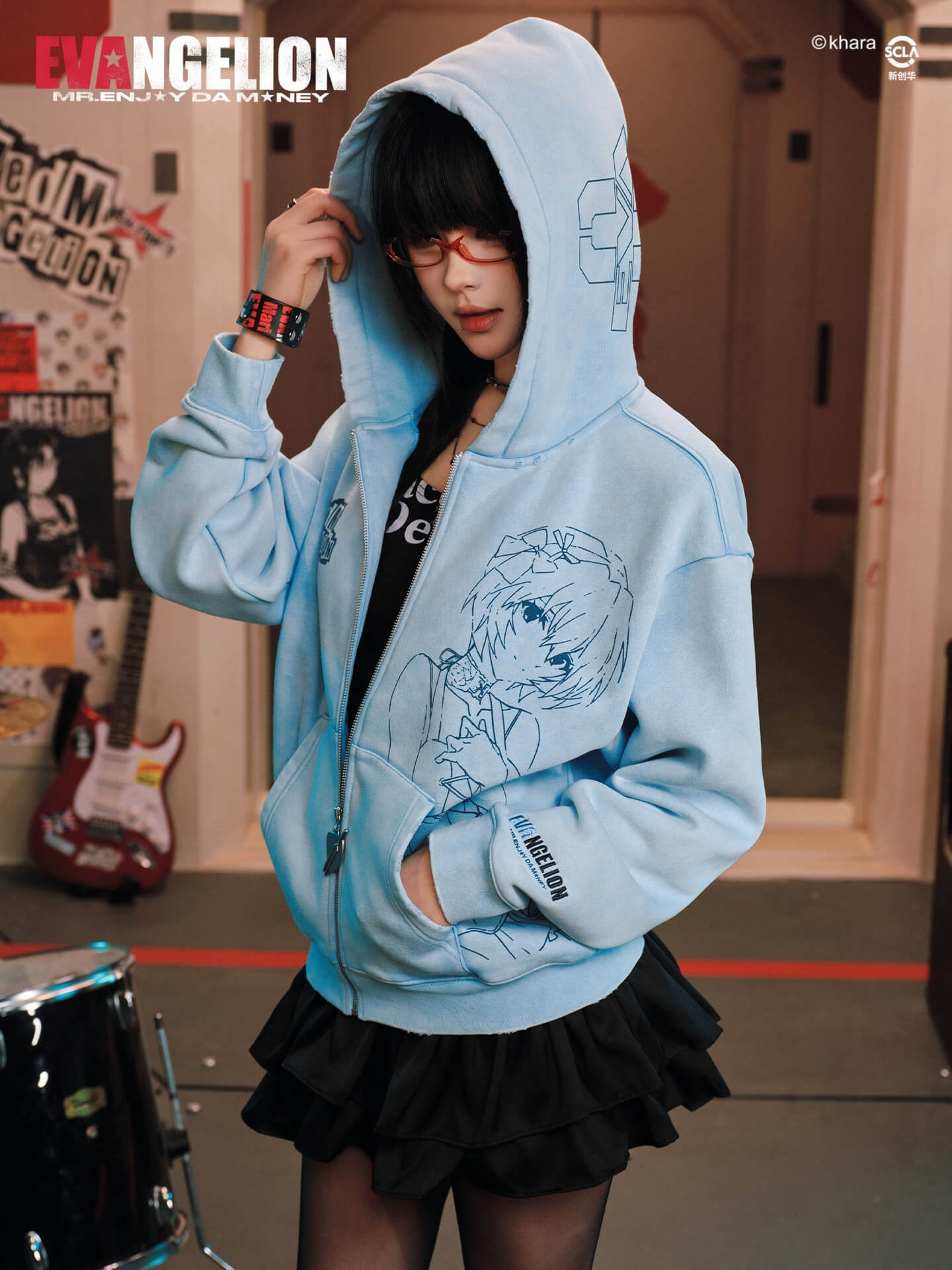 MEDM x EVA NEVER END Character Print Distressed Washed Zip Up Hoodie