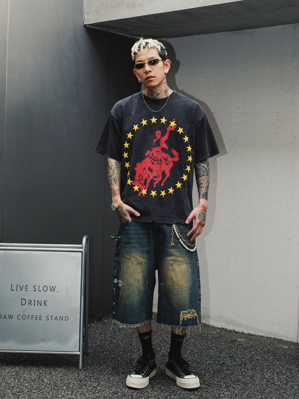 S45 Gem Woodcutting Distressed Raw Edge Denim Shorts