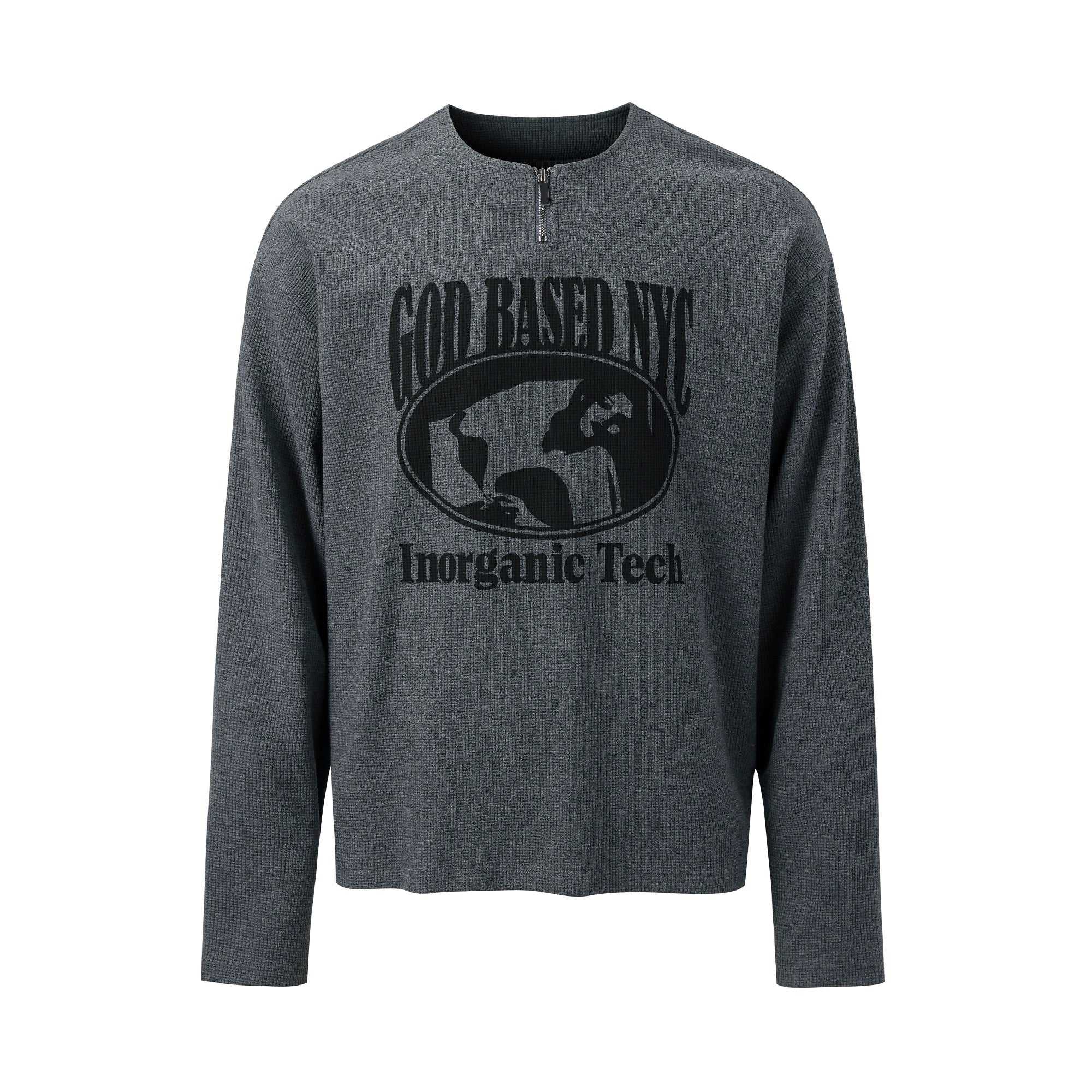 NOVACAM Waffle Vintage Print Zip Long Sleeve Tee