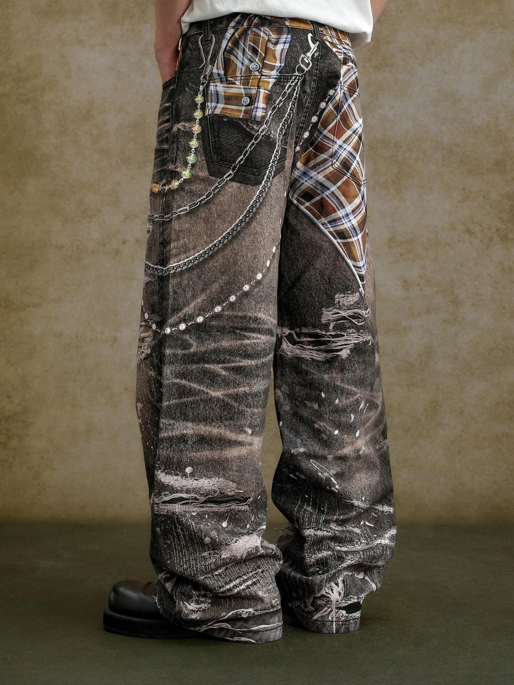 YADcrew Twisted Check Shirt 3D Digital Print Jeans