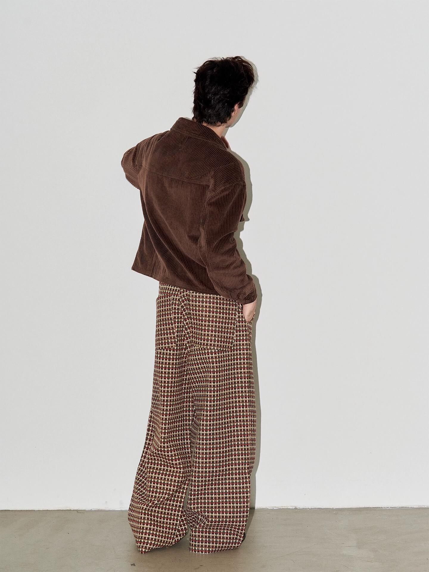 LIBERAFIT Wool Tweed Grid Pattern Pleated Baggy Trousers