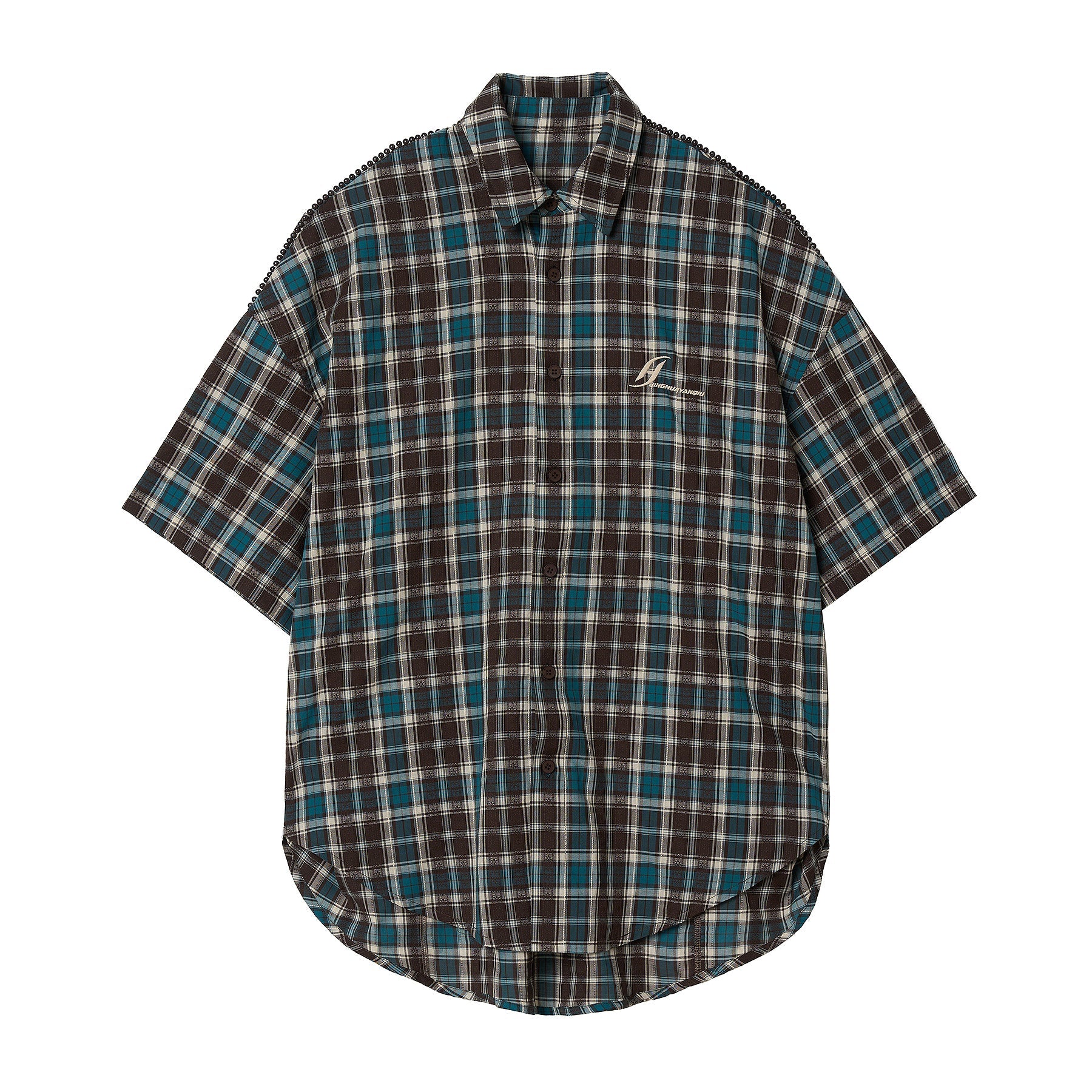 JHYQ Beaded Shoulder Plaid Short Sleeve Shirt