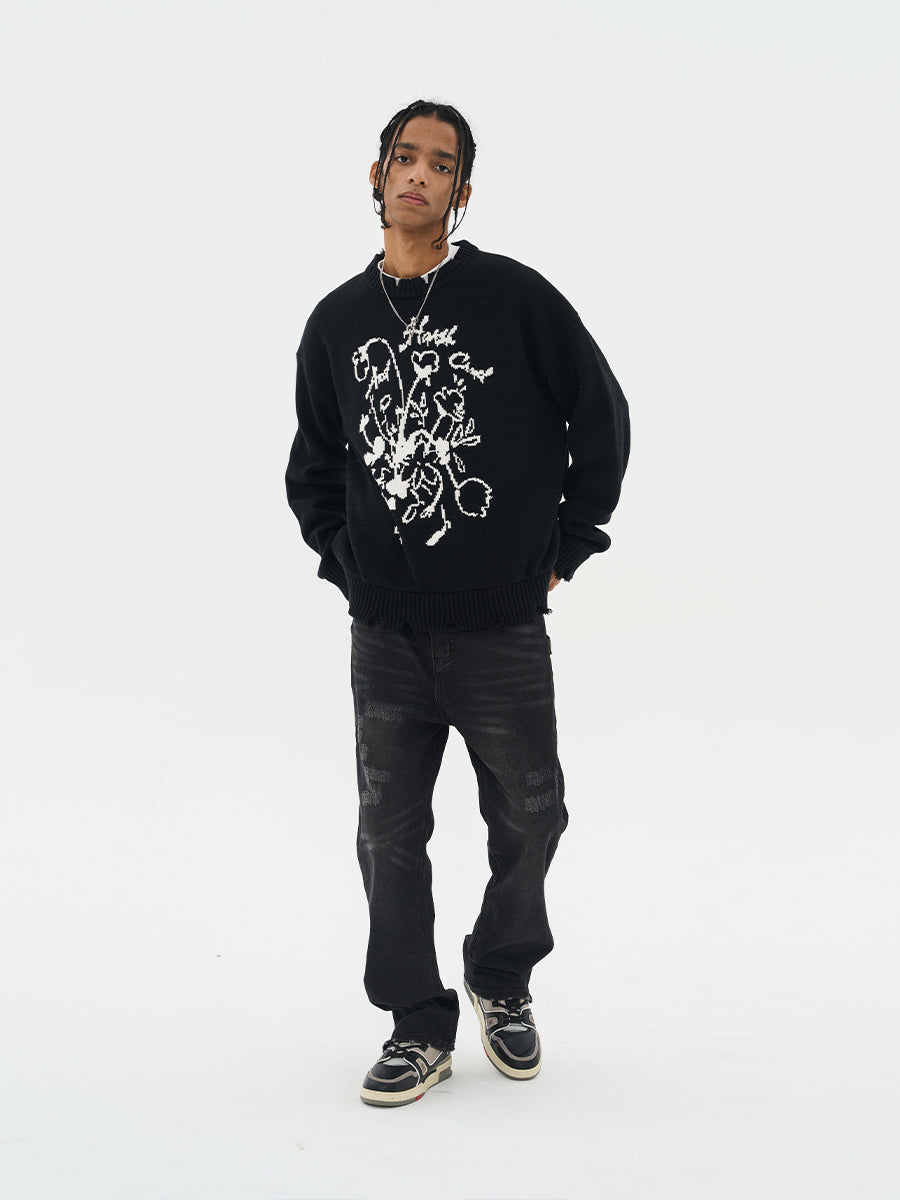 Harsh and Cruel Hand Drawn Flowers Knit Sweater