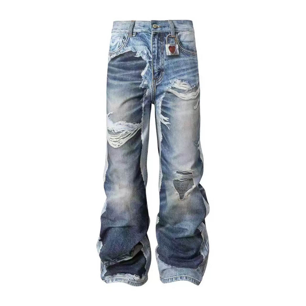 YADcrew Vintage Distressed Denim Print Loose Fit Wide Leg Jeans