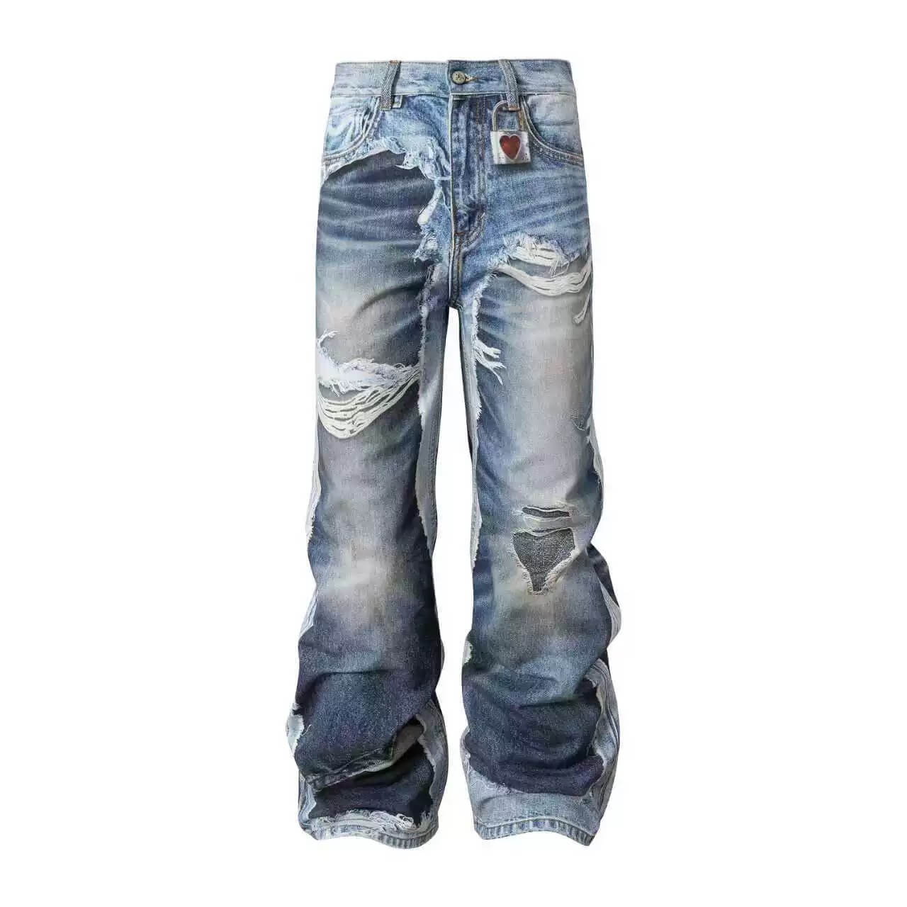 YADcrew Vintage Distressed Denim Print Loose Fit Wide Leg Jeans
