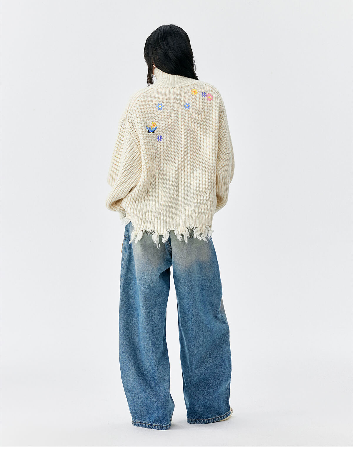 MEDM Frayed Hem Floral Embroidered Knit Cardigan