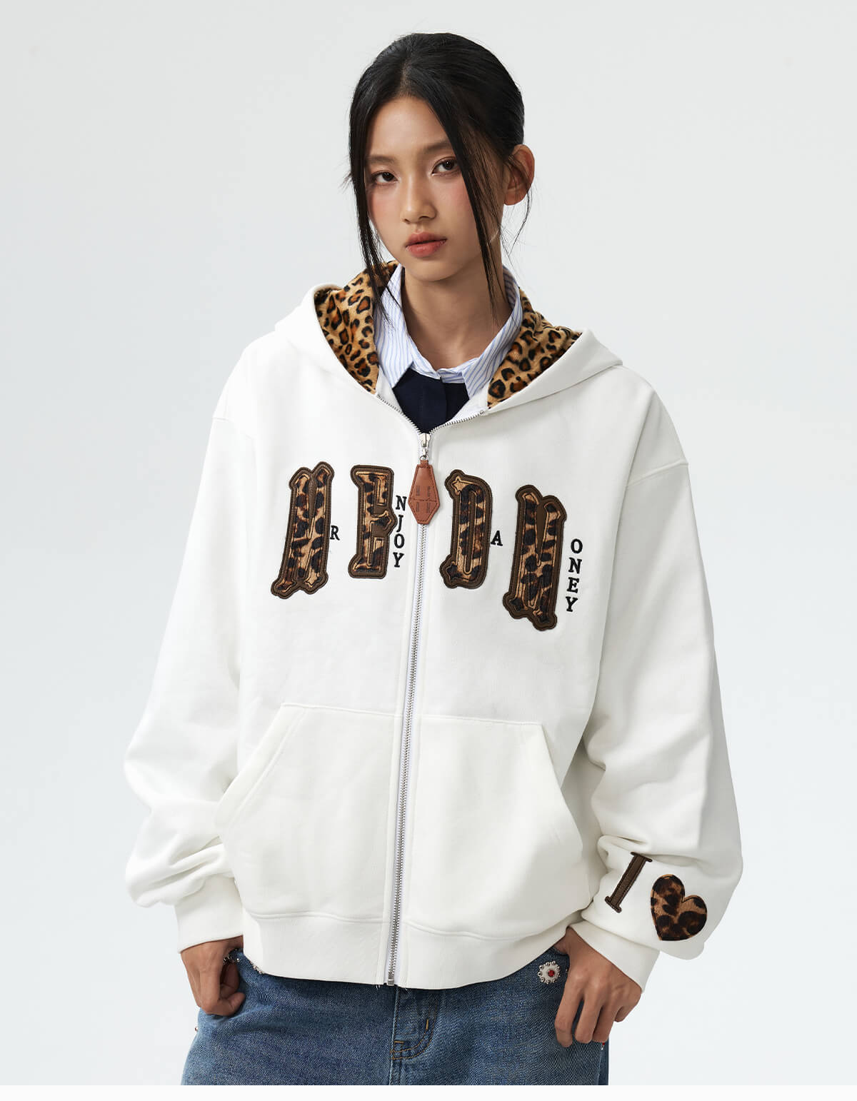 MEDM Leopard Faux Fur Layered Zip Up Hoodie