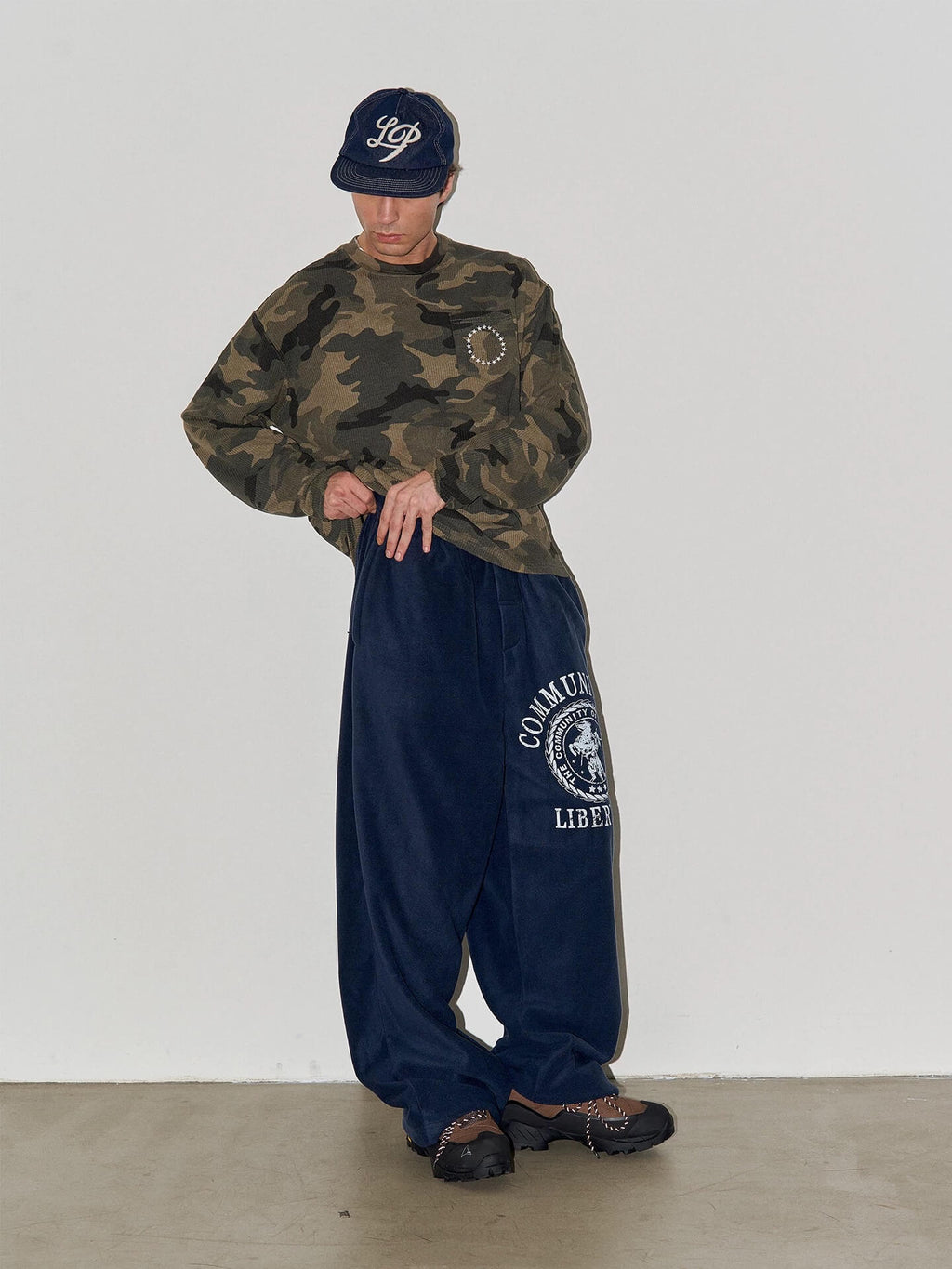 LIBERAFIT Vintage Camo Leopard Waffle Star Embroidered Long Sleeve Tee