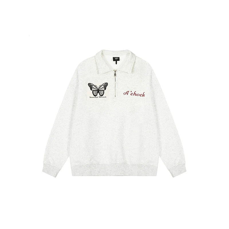 Achock Butterfly Patch Embroidered Half-Zip Sweatshirt