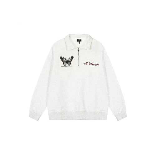 Achock Butterfly Patch Embroidered Half-Zip Sweatshirt