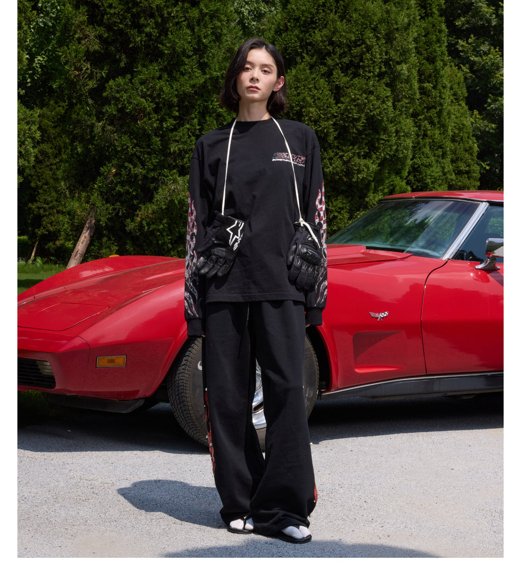 S45 Checkered Flag Flame Print Long Sleeve Tee