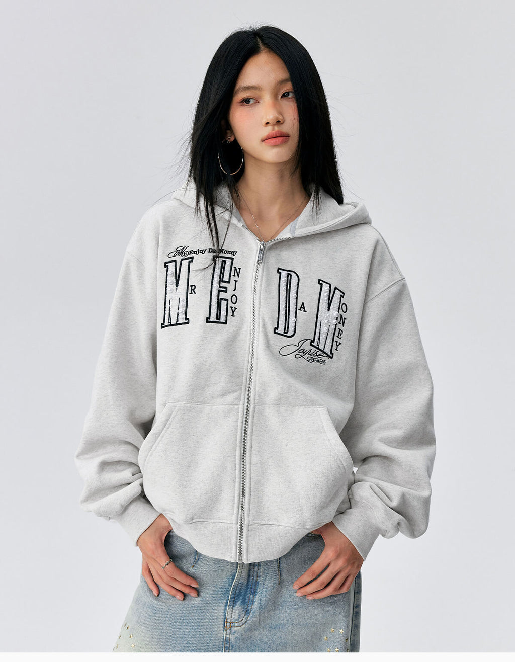 MEDM Pearl Logo Embellished Zip Up Hoodie