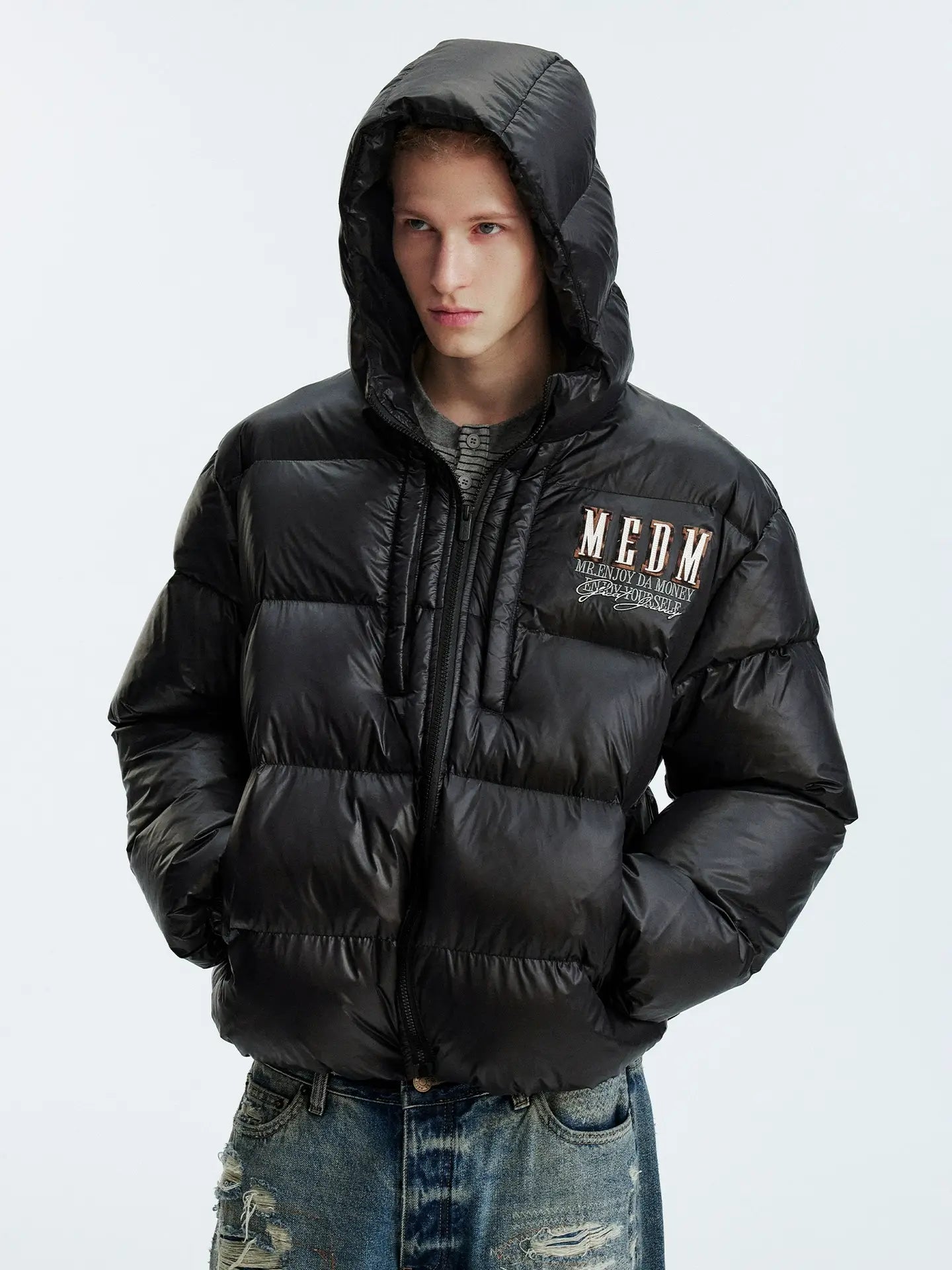MEDM Leopard Leather Patch Puffer Jacket