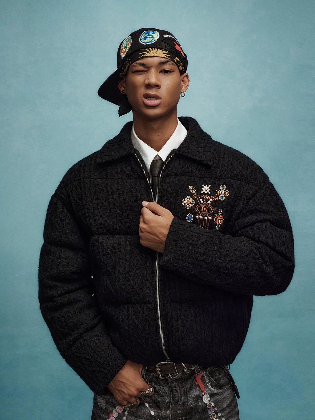 YADcrew x MEDM Cable Knit Pearl Embroidered Puffer Jacket