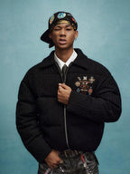 YADcrew x MEDM Cable Knit Pearl Embroidered Puffer Jacket