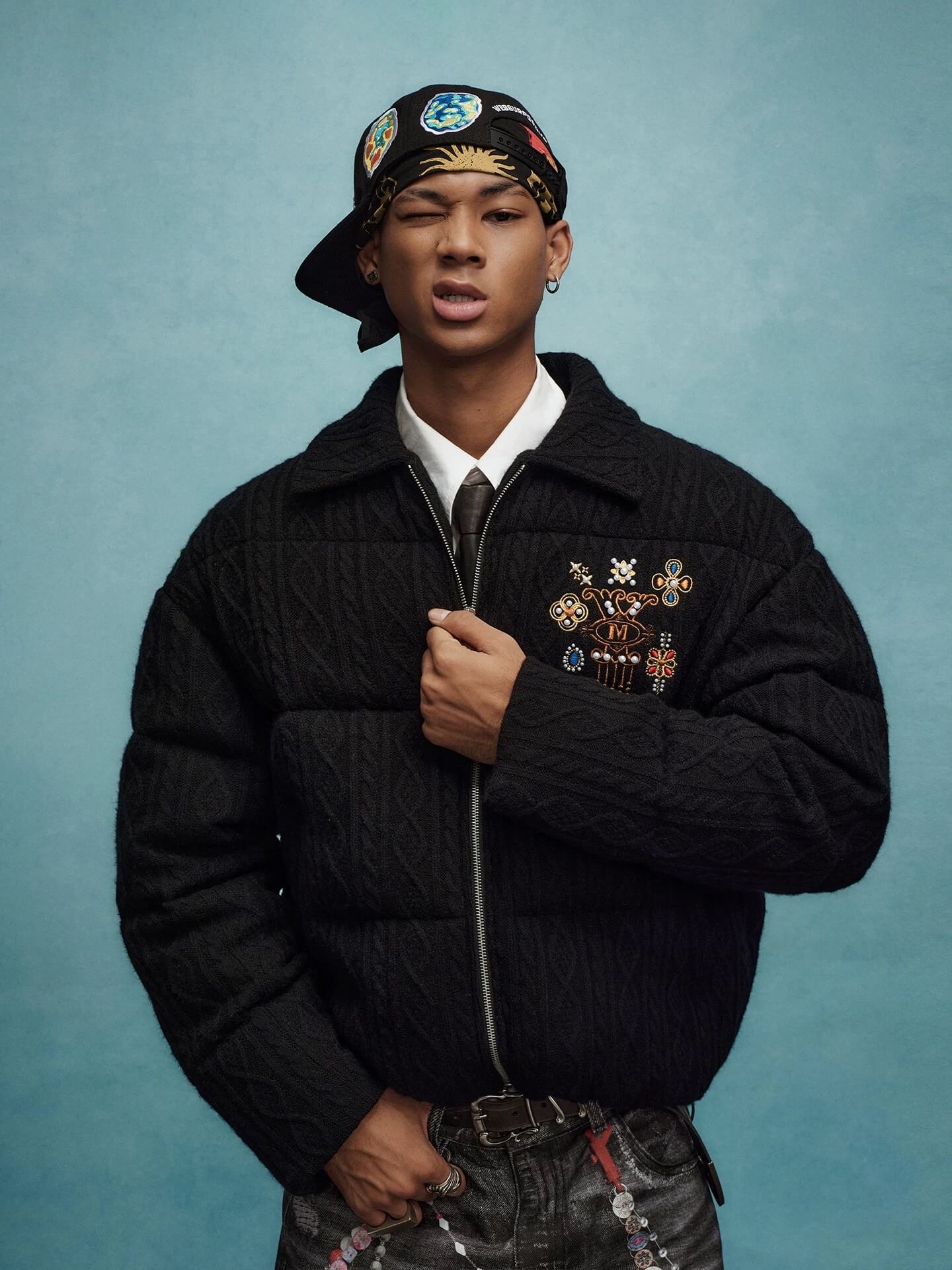 YADcrew x MEDM Cable Knit Pearl Embroidered Puffer Jacket