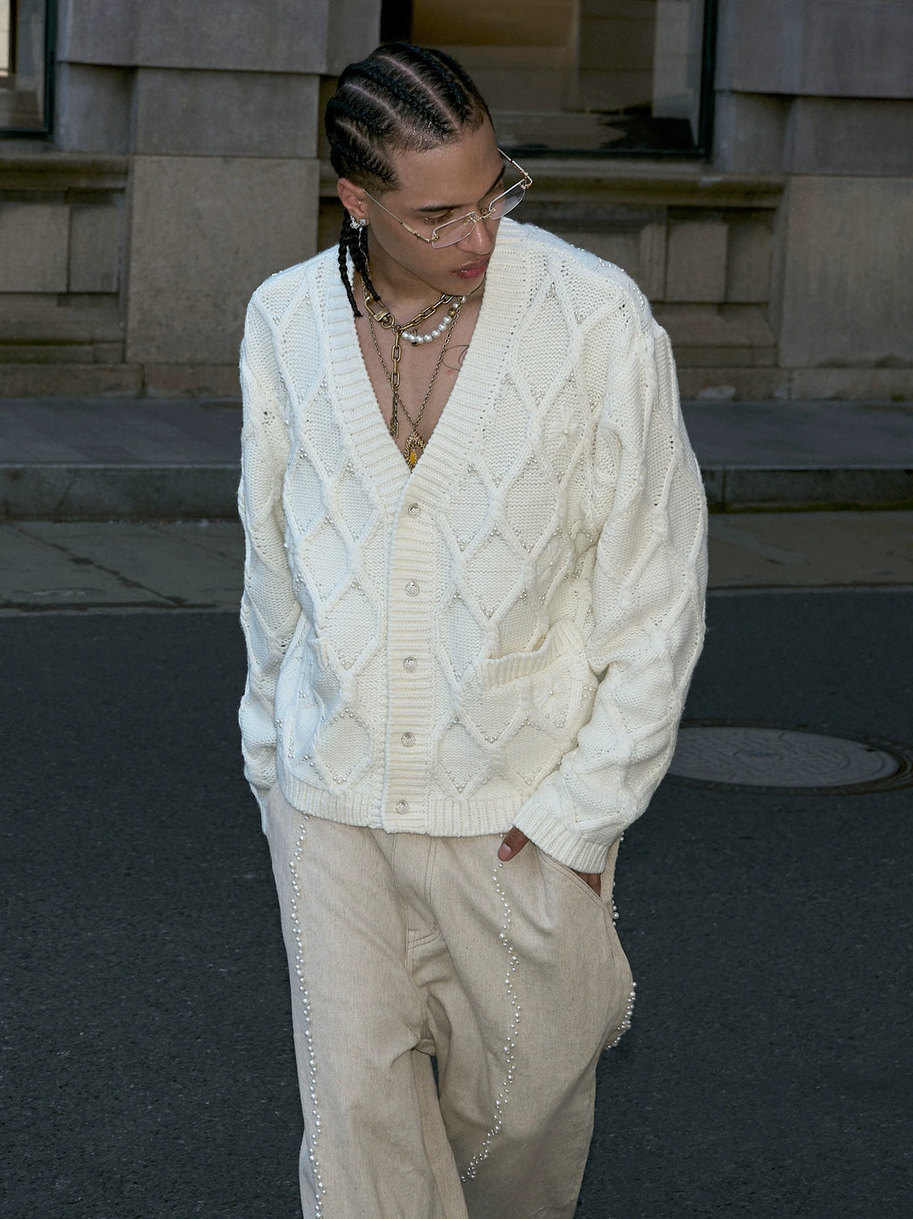 STEEPC Wool Blend Diamond Cable Knit Pearl Cardigan
