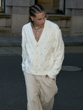 STEEPC Wool Blend Diamond Cable Knit Pearl Cardigan