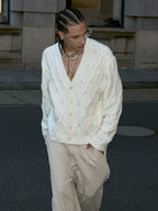 STEEPC Wool Blend Diamond Cable Knit Pearl Cardigan