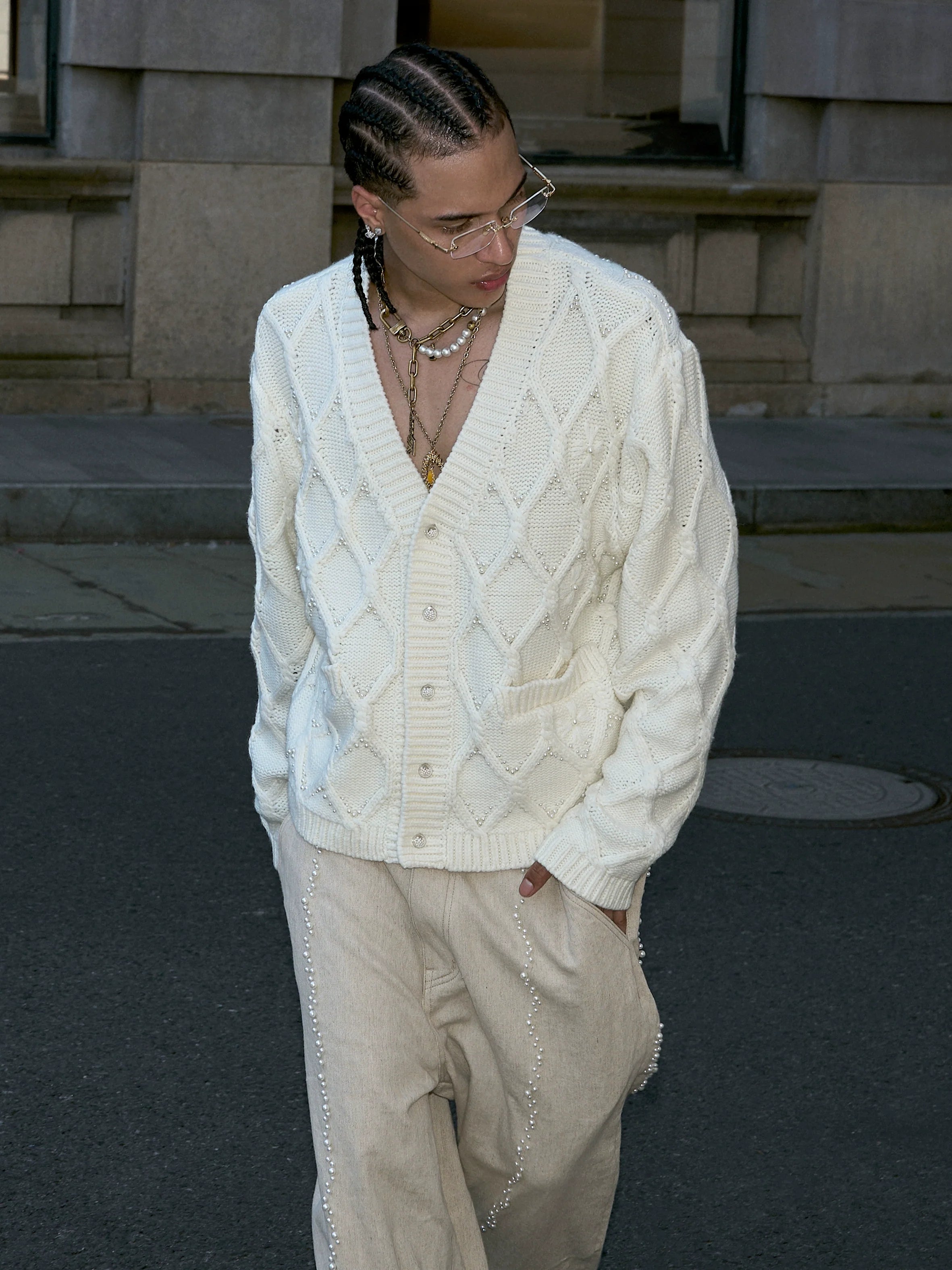 STEEPC Wool Blend Diamond Cable Knit Pearl Cardigan