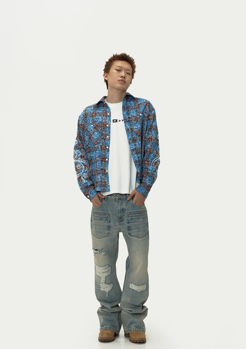 EVILKNIGHT(EK) Floral Embroidered Plaid Long Sleeve Shirt